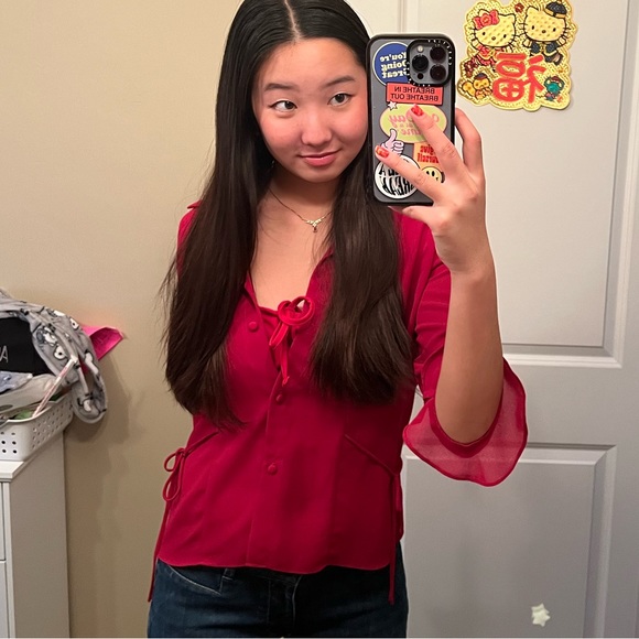 Red Cardigan Ruffled Sleeve - Picture 3 of 10